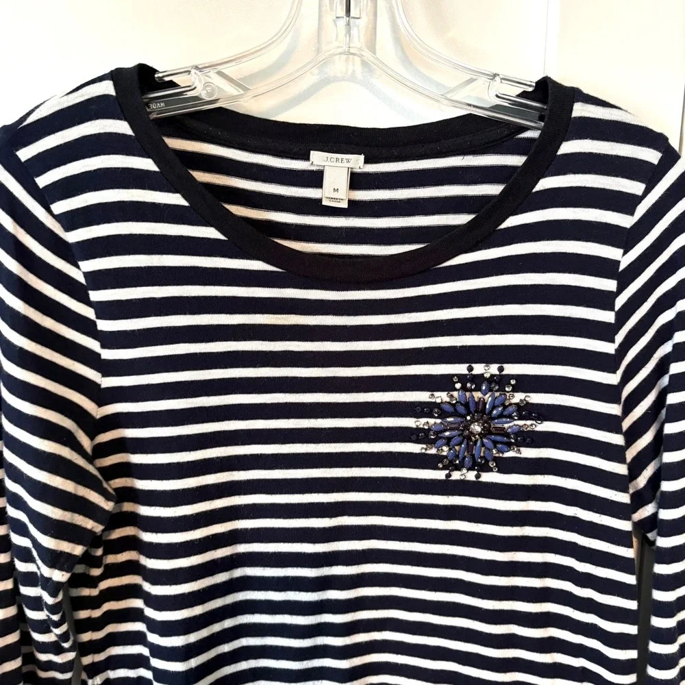J. Crew Women's Beaded Detail Striped Cotton Long Sleeved Tee Shirt in‎ Size M